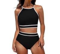 Wiffe Costume da bagno sportivo a 2 pezzi | Tummy Control per donne, sportivo, top incrociato sulla schiena, collo alto con stampa triangolare, set da 2 pezzi