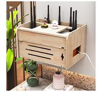 Wifi Router Storage Box Montaggio a Parete in Legno Massello Mensola Galleggiante - Rete Set-Top Shelf con Power Strip e Gestione dei Cavi