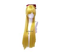 Wig Anime Cosplay Parrucca per Sailor Venus Cosplay Parrucca Minako Aino Cosplay Parrucche dorate lunghe e lisce, resistenti al calore, parrucca + fiocco rosso, taglia unica