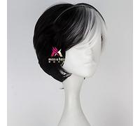 Wig for 101 Dalmata Cruella De Vil Corto Nero Bianco Capelli Sintetici Cosplay Copricapo Dritto Halloween Party + Protezione per Parrucca Gratuita