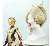Wig for Gioco OW Angela Ziegler Mercy Blonde 30 cm Resistente al calore Capelli sintetici Puntelli Cosplay Festa di Halloween + Cappuccio per parrucca gratuito