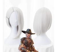 Wig for OW Ashe Parrucca bianca argento 35 cm Breve rettilineo Capelli sintetici resistenti al calore Costume Cosplay Halloween + Cappuccio per parrucca gratuito
