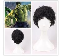 Wig for Parrucca Cosplay Superhero The Incredible Hulk Plant Hulk Robert Bruce Banner Capelli sintetici neri ricci per adulti + Cappuccio per parrucca nero