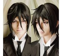 Wig for Top Quality Kuroshitsuji Black Butler Sebastian Michaelis Breve Nero Resistente Al Calore Anime Cosplay Costume Parrucca + Traccia + Protezione Della Parrucca Black Butler come l'immagine