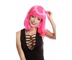 WIG ME UP -0073-3-PC5 Parrucca Donna Carnevale Bob Lungo Bob Altezza Spalle Liscia Frangetta Pink Rosa
