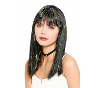 WIG ME UP - 91270-3-EZA103 Parrucca da donna in maschera per carnevale Halloween, lunghezza spalle, taglio dritto, capelli neri con lustrini dorati