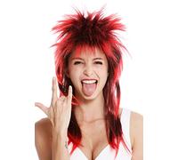 WIG ME UP - DH1069-P103TPC13 Parrucca Carnevale Punk Taglio Vokuhila Rocker Scompigliata Anni 80 Wave Cotonata Lunga Nero Rosso