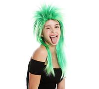 WIG ME UP - DH1069-PC18TPC16 Parrucca Carnevale Punk Taglio Vokuhila Rocker Scompigliata Anni 80 Wave Cotonata Lunga Mix Verde