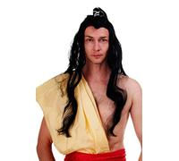 WIG ME UP - Parrucca Carnevale China Japan Kungfu Swordsman Samurai Ronin Wang Yu Capelli Lunghi Coda Nero 140-PP103