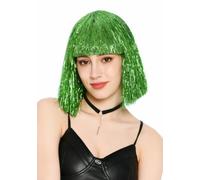 WIG ME UP - VK-42-TN11 Parrucca da donna con glitter orpello, bob lungo con frangia, stile discoteca, glamour, verde