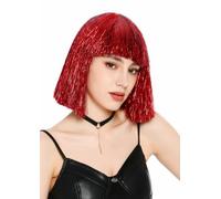 WIG ME UP - VK-42-TN6 Parrucca da donna con glitter orpello, bob lungo con frangia, stile discoteca, ballerino glamour, rosso