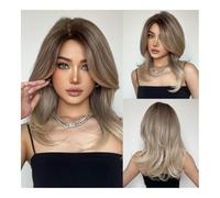 Wig, Parrucca in fibra chimica con capelli medio lunghi e micro-roll con frangia francese Eversion micro-split nuova sfumatura. Testa piena,Human hair wig(Gradient Brown)