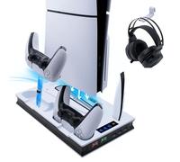 Wigearss Supporto Verticale di Raffreddamento PS5 con Doppio Controller di Caricatore per PS5/PS5 Slim/PS5 PRO UHD/Digital Edition