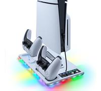 Wigearss Supporto Verticale Raffreddamento PS5/PS5 Slim/PS5 Pro con Doppio Caricatore Controller, Base di Ricarica Joystick PS5 con Ventola Raffreddamento, Illuminazione RGB per PS5/PS5 Slim/PS5 Pro