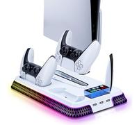 Wigearss Supporto Verticale Raffreddamento PS5/PS5 Slim/PS5 Pro con Doppio Caricatore Controller, Base di Ricarica Joystick PS5 con Ventola Raffreddamento, Illuminazione RGB per PS5/PS5 Slim/PS5 Pro