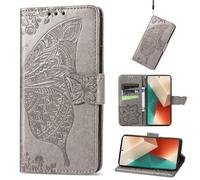 Wigento Custodia a portafoglio per Xiaomi Poco M6 Pro 4G / Redmi Note 13 Pro 4G in similpelle con motivo a farfalla, colore: Grigio