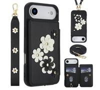 Wigento Custodia a tracolla in ecopelle per Apple iPhone 17 Air con motivo floreale e scomparto per carte di credito, nero