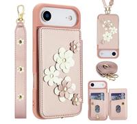 Wigento Custodia a tracolla in ecopelle per Apple iPhone 17 Air con motivo floreale e scomparto per carte di credito, oro rosa