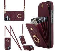 Wigento Custodia a tracolla in ecopelle per Apple iPhone 17, con motivo a rombi e scomparto per carte RFID, rosso vino