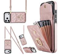 Wigento Custodia a tracolla in ecopelle per Apple iPhone 17 Pro con motivo a rombi e scomparto per carte RFID, oro rosa