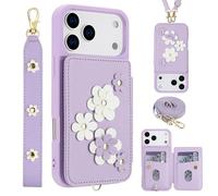 Wigento Custodia a tracolla in ecopelle per Apple iPhone 17 Pro Max con motivo floreale e scomparto per carte di credito, viola
