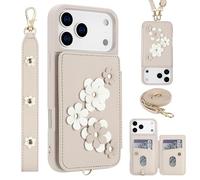 Wigento Custodia a tracolla in ecopelle per Apple iPhone 17 Pro Max con motivo floreale e scomparto per carte di credito, bianco