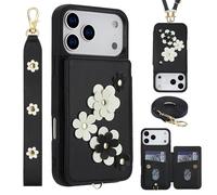 Wigento Custodia a tracolla in ecopelle per Apple iPhone 17 Pro Max, con motivo floreale e scomparto per carte di credito, nero