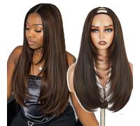 Wignee Metà Parrucca Lunga Liscia U-Part Marrone Con Mèches Stratificata | Parrucca Stratificata Metà Yaki Senza Colla, Clip-In, Aspetto Naturale, Senza Cuciture per Uso Quotidiano