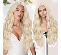 WIGNEE Parrucca lunga bionda ondulata 28 pollici in pizzo sintetico anteriore lunga parrucca bionda platino parte centrale per le donne quotidiane/cosplay parrucca per le donne bianche