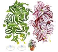 Wihozte 2 piante per rettili per terrario, decorazione per vivaio con ventosa, piante da appendere per rettili, piante artificiali per draghi barbuti, lucertole, serpenti, gechi e rane, rosso e verde