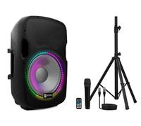 Wiibo - Altoparlante Attivo Professionale Festa 15BT 15" - Potenza 600W - Altoparlante Bluetooth - Connessione USB/SD - Supporto Regolabile - Kit Cavi + Microfono - Telecomando - Illuminazione LED