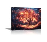 WIKEO Albero della vita Stampa su tela dell'albero del paesaggio notturno Stampe da Parete per Soggiorno, Quadri Boho Camera Da Letto Bagno, Cucina Pranzo(rosso)-70x100cm Incorniciato