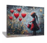 WIKEO Banksy Quadro su tela graffiti Ragazza astratta che annaffia i fiori Modern Inspirational Pictures, Stampa artistica per sala da pranzo, cucina, casa, ufficio(rosso)-80x120cm Incorniciato