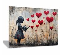 WIKEO Banksy Quadro su tela graffiti Ragazza carina che innaffia i fiori Modern Inspirational Pictures, Stampa artistica per sala da pranzo, cucina, casa, ufficio(rosso)-60x90cm Incorniciato