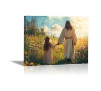 WIKEO Moderni Quadri Gesù Gesù e la ragazza Fiori Murale Su Tela Poster E Stampe Immagini di Arte Della Parete -per Soggiorno Camera Letto Ufficio(Beige 45)-50x70cm Incorniciato