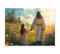 WIKEO Moderni Quadri Gesù Gesù e la ragazza Fiori Murale Su Tela Poster E Stampe Immagini di Arte Della Parete -per Soggiorno Camera Letto Ufficio(Beige 45)-60x90cm Non incorniciato