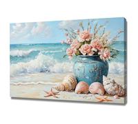 WIKEO Quadri Moderni Spiaggia Fiori dell'Oceano con graffiti Stampe e Quadri su Tela -L'immagine Tela Non Tessuta Soggiorno Corridoio Mare Natura(Blu)-50x70cm Incorniciato