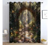 WIKEO Tende oscuranti in lino con floreale per soggiorno Modello di paesaggio dell'albero della foresta camera da letto, drappeggio con occhielli argentati, beige/verde-A160 x L70 cm (2 Pannelli)