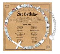 WIKHIA Regalo per il 21° compleanno per donne e ragazze, braccialetto regolabile in acciaio inossidabile con perline a croce cristiana, idea regalo per lei