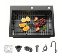 WIKLMOTH Lavello da bar da cucina sottopiano, in acciaio inox 304, profondo, realizzato a mano, per camper, casa, bagnato, con griglia inferiore, per postazione di lavoro (nero, 66 x 45,7 x 22,9 cm)