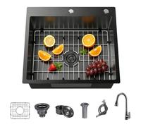 WIKLMOTH Lavello da bar da cucina sottopiano, in acciaio inox 304, profondo, realizzato a mano, per camper, casa, bagnato, con griglia inferiore, per postazione di lavoro (nero, 45,7 x 48,3 x 22,9 cm)