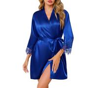 Wikoan Accappatoio da Donna in Raso Camicia da Notte in Pizzo Kimono in Morbida Seta Accappatoio in Abbigliamento da Notte da Sposa a 3/4 Maniche,Blu Marino,L