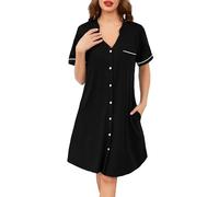 Wikoan Camicia da Notte da Donna Sleepwear Classico Camicia da Notte con Scollo a V e Tasche Laterali,Nero,XXL