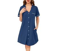 Wikoan Camicia da Notte da Donna Sleepwear Classico Camicia da Notte con Scollo a V e Tasche Laterali,Blu Scuro,XXL