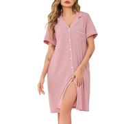 Wikoan Camicie da Notte Classiche da Donna con Scollo a V e Morbido Abito Lungo Abbottonato con Tasche,Rosa,XL