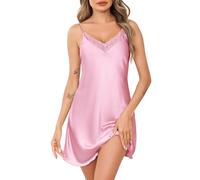 Wikoan Camicie da Notte da Donna in Raso con Scollo a V e Lunghe Camicie da Notte in Pizzo con Aletta,Rosa Bruna,M
