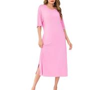 Wikoan Donna Sleepwear Collo Rotondo Manica Corta Camicia da Notte Lunga Morbida con Tasche,Rosa,M