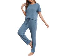 Wikoan Pigiama da Donna Classico a Coste Comodo Set di Pigiami Top a Maniche Corte e Pantaloni Sleepwear con Tasche a Coulisse,S-XXL