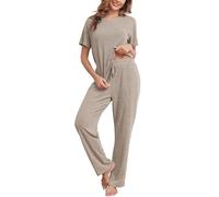 Wikoan Pigiama da Donna Classico a Coste Comodo Set di Pigiami Top a Maniche Corte e Pantaloni Sleepwear con Tasche a Coulisse Bronzo,L