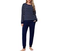 Wikoan Pigiama da Donna Invernale Comodo e Caldo Set di Pigiami in Cotone a Maniche Lunghe Top a Righe e Pantaloni Sleepwear con Tasche a Coulisse,Blu Scuro-Strisce Larghe,XXL